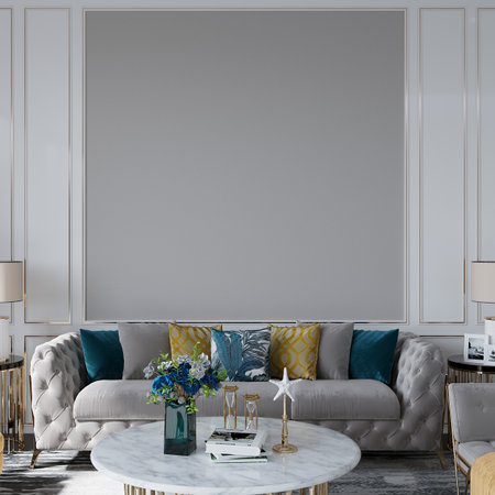 Interior of modern living room with white walls, concrete floor, comfortable gray sofa with blue pillows, round coffee table and white coffee table. 3d rendering mock upの写真素材