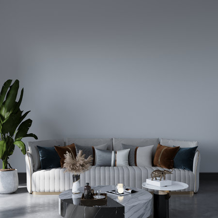 Modern living room interior with white sofa, coffee table and plants. 3d renderの写真素材