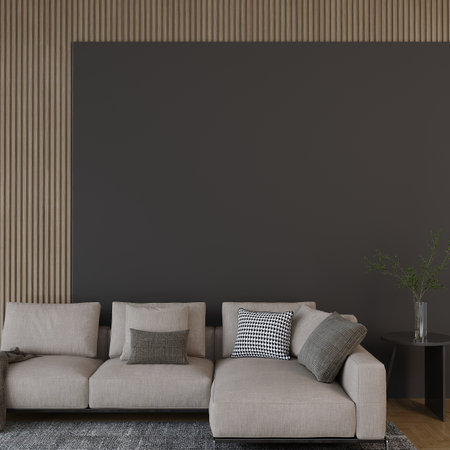 Interior of modern living room with gray walls, carpet, beige sofa and black coffee table. 3d renderの写真素材