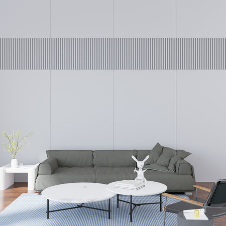 Interior of modern living room with white and gray walls, wooden floor, green sofa and round coffee table. 3d renderingの写真素材