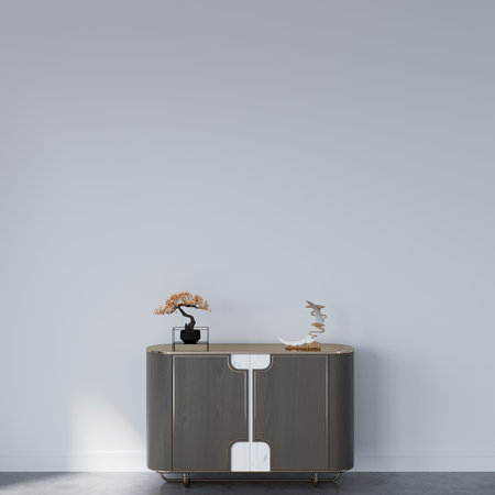 Interior of modern bathroom with white walls, concrete floor, brown countertops with built in sink and mirror. 3d renderingの写真素材