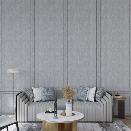 Interior of modern living room with grey walls, concrete floor, gray sofa with pillows and wooden coffee table. 3d renderingの写真素材