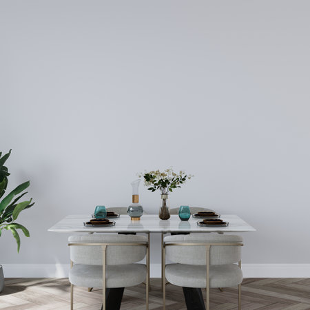 Interior of modern dining room with white walls, wooden floor, round table with chairs and vase with flowers. 3d renderの写真素材