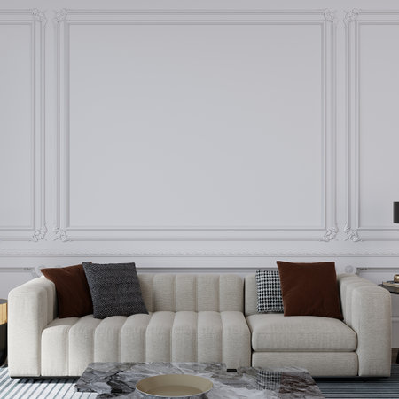 Interior of classic living room with white walls, floor, beige sofa with pillows and coffee table. 3d renderの写真素材
