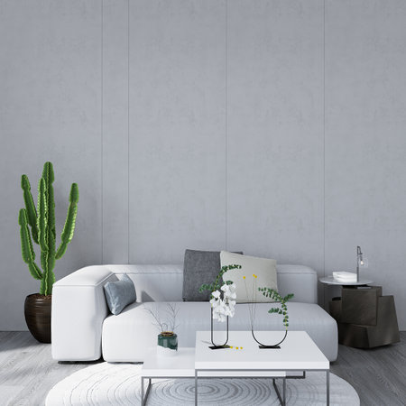 Modern living room interior with white sofa, round coffee table and plants. 3d renderの写真素材