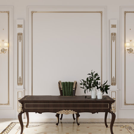 Classic interior with wooden table and plant in vase. Mock up, 3D Renderingの写真素材