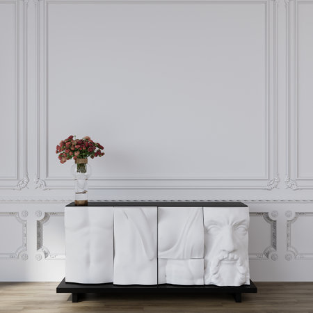Classic interior with white walls, wooden floor, white sofa and vase with flowers. 3d renderの写真素材