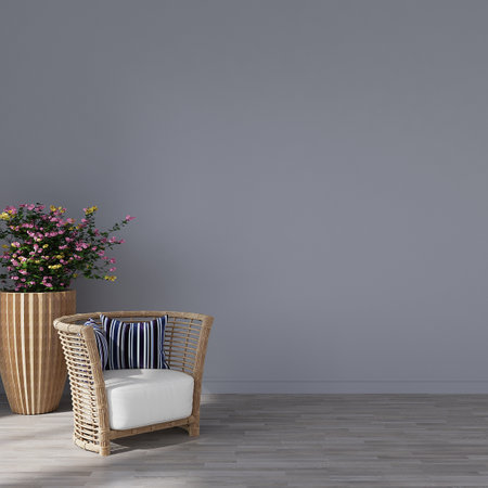 Interior of modern living room with wicker armchair and flowers. 3d renderの写真素材