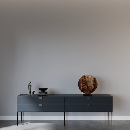 Interior of modern living room with gray walls, concrete floor, black chest of drawers and dark wooden vases. 3d renderingの写真素材