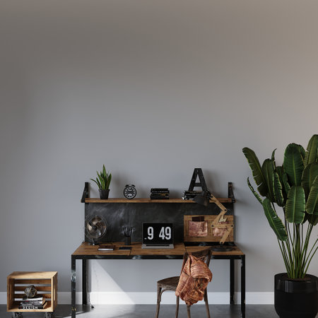 Interior of modern living room with gray walls, concrete floor, black wooden desk with bookshelf, chair and plants. 3d renderの写真素材