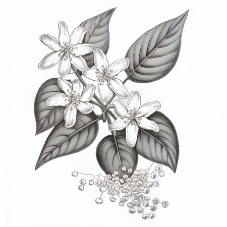Jasmine flowers and leaves on a white background. Vector illustration.の素材