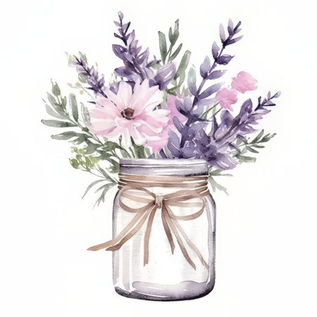 Watercolor bouquet of flowers in a glass jar on a white backgroundの素材