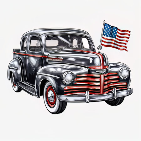 Vintage car with American flag on the white background. vector illustration.の素材