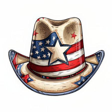 Illustration of a cowboy hat with stars and stripes on a white backgroundの素材