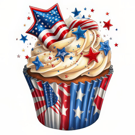 Illustration of a cupcake with stars and stripes on a white backgroundの素材