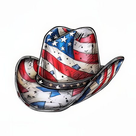 Illustration of a cowboy hat with American flag on a white backgroundの素材