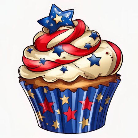Illustration of a Cupcake with Stars and Stripes on White Backgroundの素材