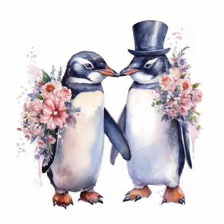 Penguin couple in love. Watercolor illustration on white backgroundの素材