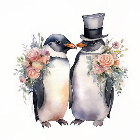 Two penguins with a bouquet of flowers on a white backgroundの素材