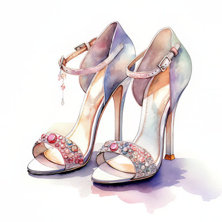 Watercolor illustration of a pair of women's high heel shoes.の素材