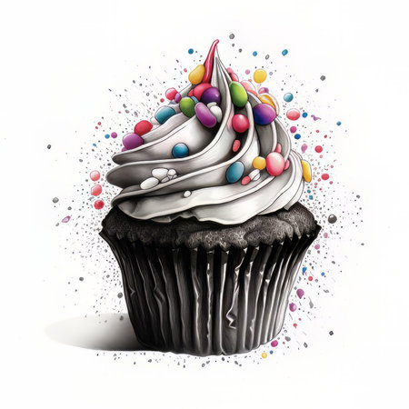 Cupcake with colorful paint splashes isolated on a white backgroundの素材