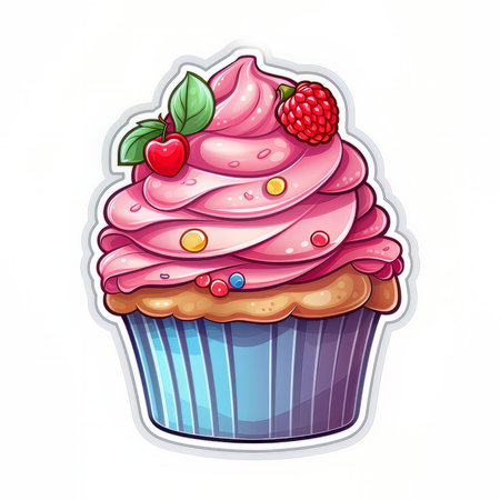 Cupcake with strawberry and raspberries. vector illustration.の素材