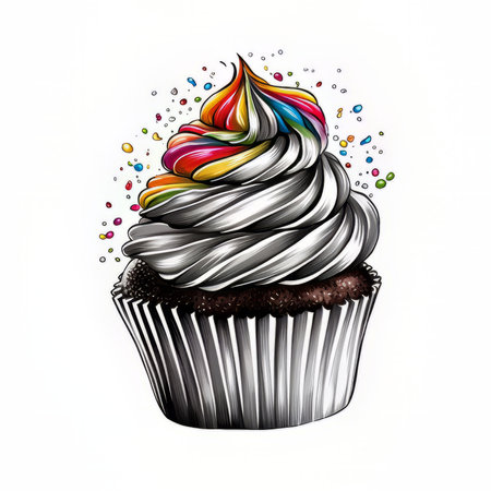 Illustration of a cupcake with colorful icing on a white backgroundの素材