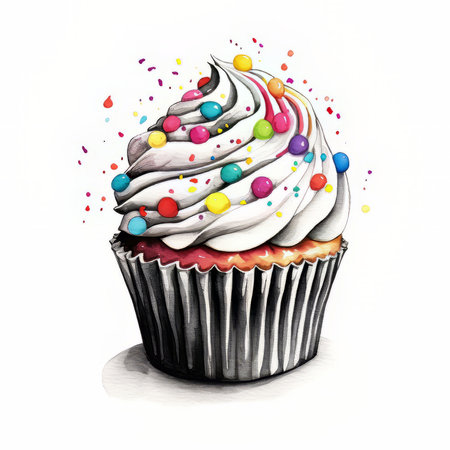 Watercolor cupcake with sprinkles on white background. hand drawn illustrationの素材