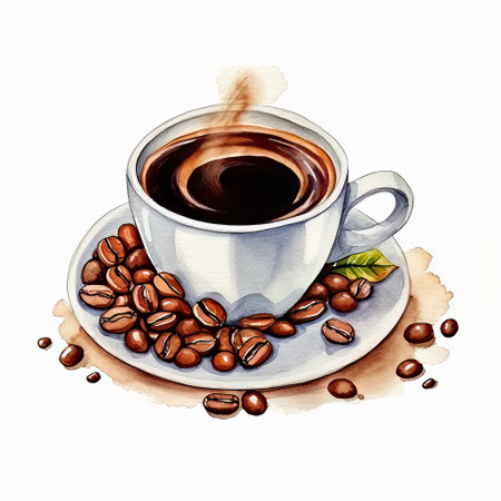 Coffee cup and coffee beans on white background. watercolor illustrationの素材