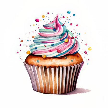 Cupcake with colorful cream and sprinkles. watercolor illustrationの素材