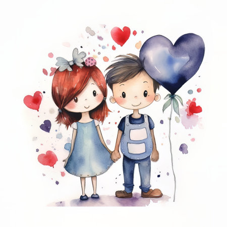 Cute boy and girl with hearts on white background. watercolor illustrationの素材