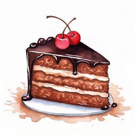 Illustration of a chocolate cake with cherries on a white backgroundの素材