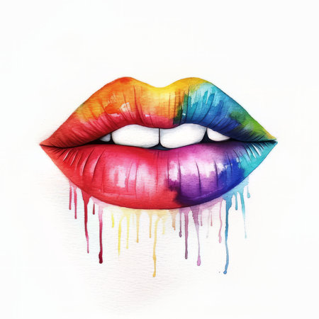 Beautiful female lips with bright makeup. Hand drawn watercolor illustration.の素材