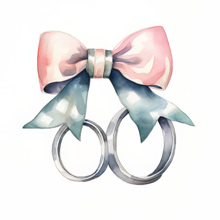 Wedding rings with bow. Watercolor illustration isolated on white backgroundの素材