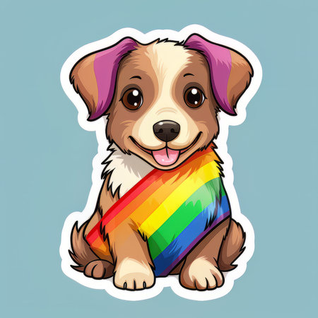 Cute dog with a rainbow flag on his head. vector illustration.の素材