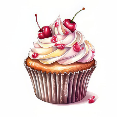 Cupcake with cream and cherry. Vector illustration on white background.の素材