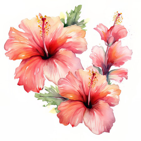 Watercolor hibiscus flowers. Hand painted illustration isolated on white backgroundの素材