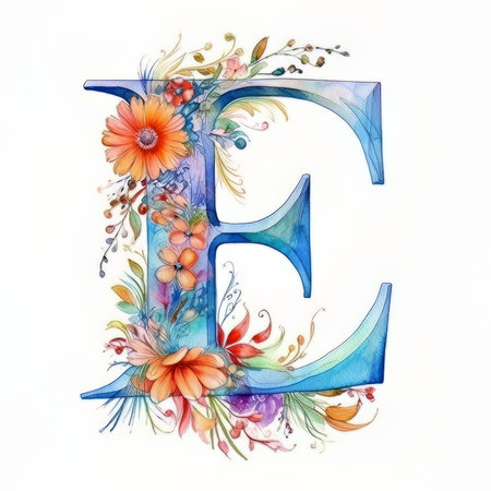 Watercolor alphabet with flowers and leaves. Letter E. Hand drawn illustrationの素材
