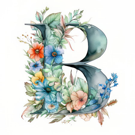 Watercolor letter B with flowers and leaves. Hand drawn font.の素材
