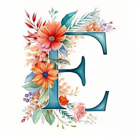 Capital letter E with flowers and leaves. Hand drawn watercolor illustration.の素材