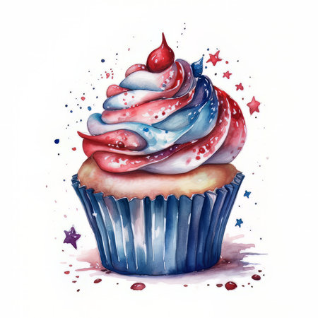 Watercolor cupcake with red and blue icing. hand drawn illustrationの素材