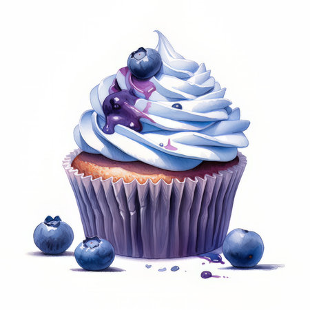 Cupcake with blueberries and purple cream on a white backgroundの素材