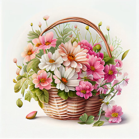 Bouquet of flowers in a wicker basket on a white backgroundの素材