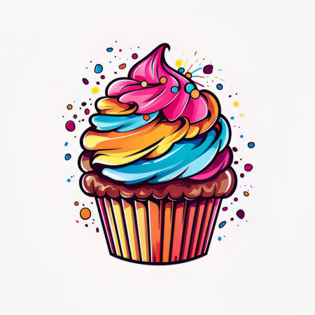 Hand drawn cupcake with cream and colorful splashes. vector illustration.の素材