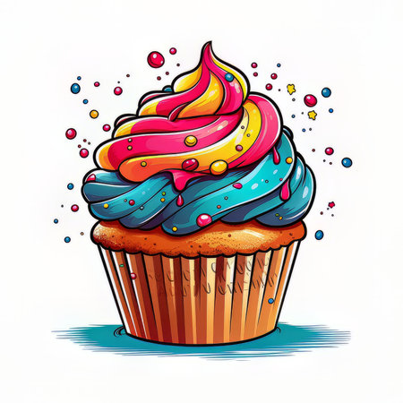 Cupcake with colorful cream and sprinkles. vector illustration.の素材