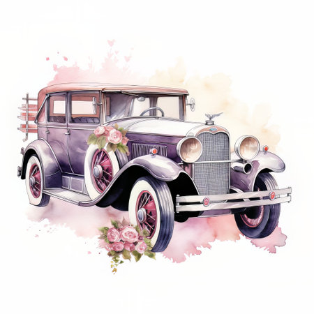 Vintage car with flowers. Hand drawn watercolor illustration on white backgroundの素材