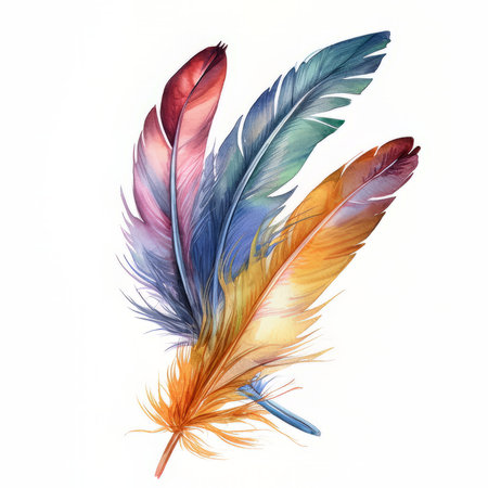 Colorful bird feathers isolated on white background. Watercolor hand drawn illustrationの素材