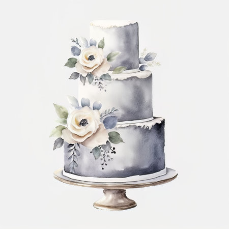 Wedding cake with flowers and leaves. Watercolor illustration.の素材