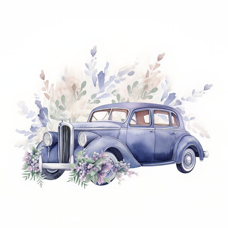 Watercolor vintage car with flowers. Hand drawn illustration on white backgroundの素材