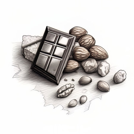 Chocolate with nuts on a white background. Illustration in sketch style.の素材